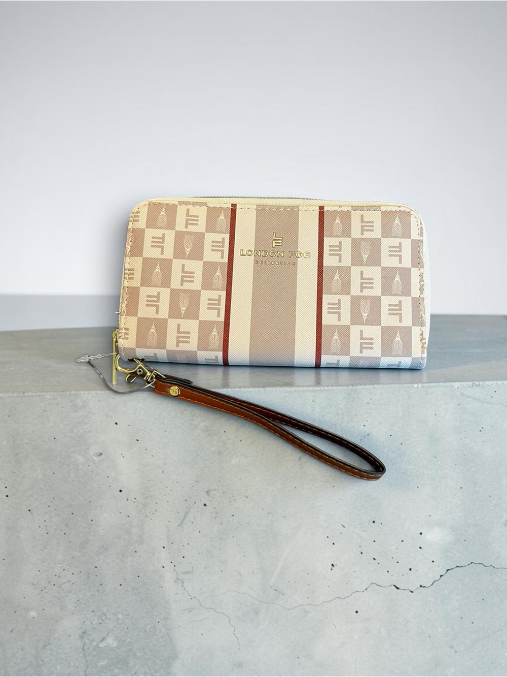 London Fog Beige & Red Stripe Logo Zip Wallet Wristlet